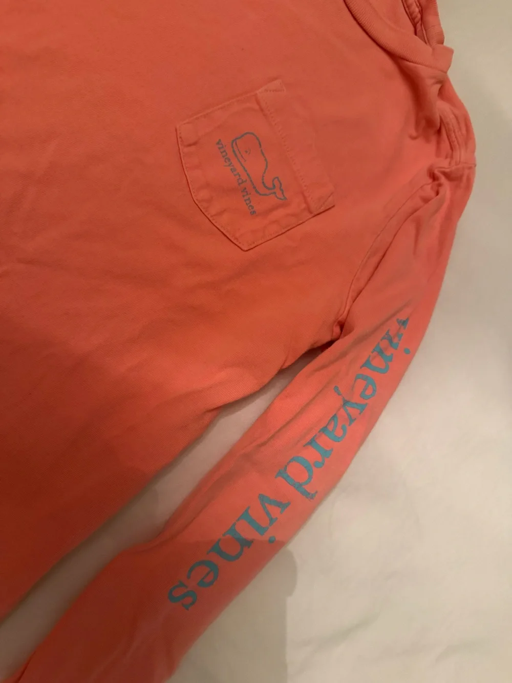 Boys size 7 long sleeve shirt vineyard vines coral aqua blue whale logo
